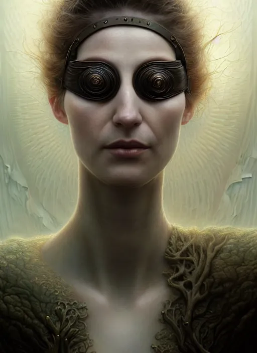 Image similar to closeup portrait shot of a pale woman with blindfold in a scenic dystopian environment, intricate, elegant, highly detailed, centered, digital painting, artstation, concept art, smooth, sharp focus, illustration, artgerm, tomasz alen kopera, peter mohrbacher, donato giancola, joseph christian leyendecker, wlop, boris vallejo