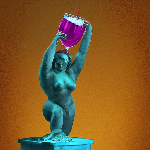 Image similar to a reneissance statue holding a coctail, medium shot, colorful coctail, digital painting