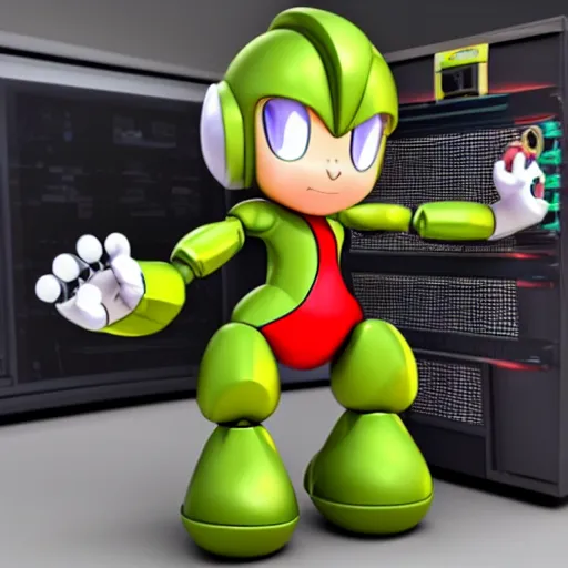 Prompt: 3 d cg rendering of : roll ( from mega man ) is repairing computers in dr. light's laboratory. roll is a cute female ball - jointed robot who has blonde hair with bangs and a ponytail tied with a green ribbon. she is wearing a red one - piece dress with a white collar, and red boots.