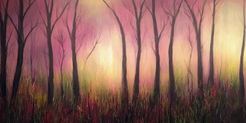 Prompt: beautiful painting of a forest at dawn with muted colourful sky, over the garden wall style