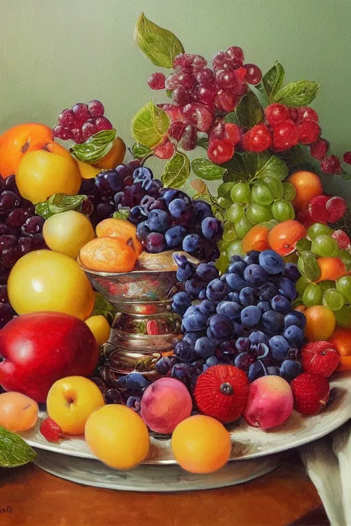 Prompt: A beautiful still life oil painting of a compote full of fruits, summer, hyperrealistic, colorful, hyperdetailed.