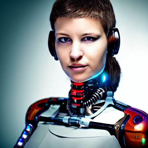 Prompt: portrait photo of a (((beautiful))) female cyborg