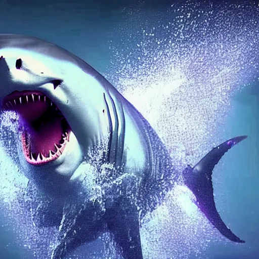 Image similar to a great white shark shooting purple lasers out of its eyes, realistic. 4 k. highly detailed