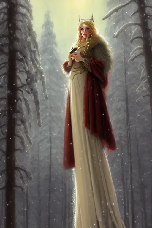 Image similar to nostalgia for a fairytale, nordic, snowing, medieval maiden dressed in furs, long hair, tall and thin, illustration, dramatic lighting, soft details, painting, art nouveau, octane render, 8 k, hd, by edmund blair leighton, brom, charlie bowater, faces by otto schmidt