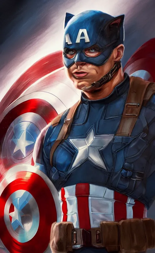 Prompt: cat as captain america, dynamic lighting, cinematic, ultra detailed, trending on art station, stunning visuals, creative, fantasy concept art