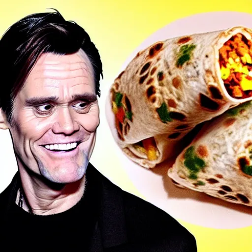 Image similar to photo of jim carrey's head inside of a burrito