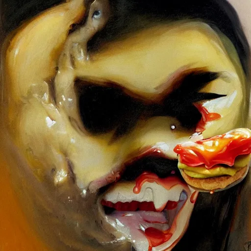 Prompt: terrifying portrait of Mila Kunis emerging from the dark void eating burger, face partially melting, figure in the darkness of renaissance, serving big macs, covered in ketchup,Francisco Goya, painted by John Singer Sargant, Adrian Ghenie, style of Francis Bacon, highly detailed, 8k, trending on artstation