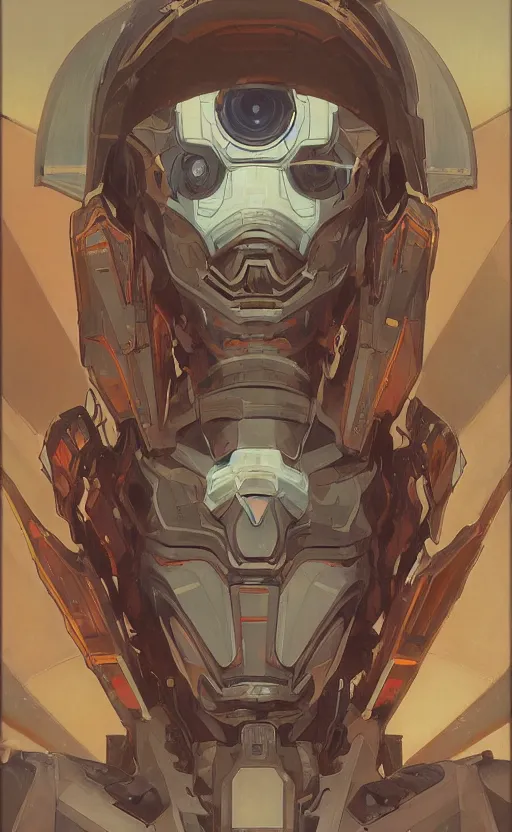 Image similar to upper half portrait of army mecha robot, art by alphonse mucha, highly detailed, digital painting, concept art, illustration, smooth sharp focus, intricate, symmetry, artstation, colourful,