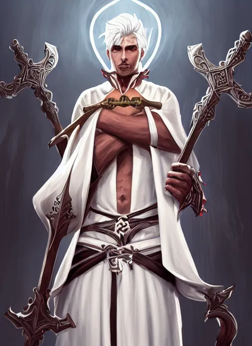 Prompt: a highly detailed illustration of sadistic white haired tanned african priest wearing white robe, wielding bloody cross sword, gothic church background, intricate, elegant, highly detailed, centered, digital painting, artstation, concept art, smooth, sharp focus, league of legends concept art, wlop