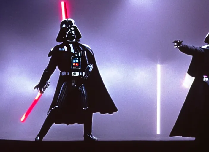 Prompt: film still of Darth Vader as Michael Jackson moonwalking on stage in concert