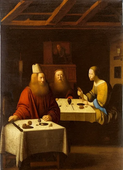 Image similar to a candlelit table at the inn, two people sitting at the table, swirling smoke, dark smoke, realistic, in the style of leonardo da vinci, dutch golden age, amsterdam, medieval painting by jan van eyck, johannes vermeer, florence