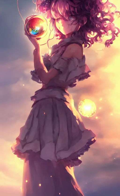 Prompt: anime girl with curly hair holding a magical orb, WLOP, concept art, digital painting, trending on artstation, highly detailed, epic composition, 8k UHD