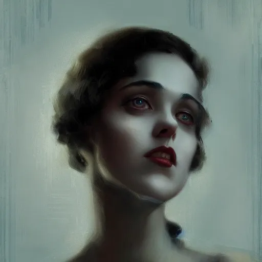 Prompt: beautiful young woman, 1 9 2 0 s, high detail, dramatic light, digital art, dark, painted by seb mckinnon and greg rutkowski, trending on artstation