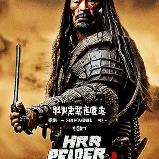 Image similar to movie poster for predator film shot in feudal japan staring hiroyuki sanada as a disgraced ronin, who hunts down the predator after he fails to protect his master from it