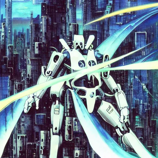 Prompt: 2 0 0 0 s anime screenshot of a sleek, slender, human - scale mecha suit defending the city streets, designed by hideaki anno, drawn by tsutomu nihei, and painted by zdzislaw beksinski