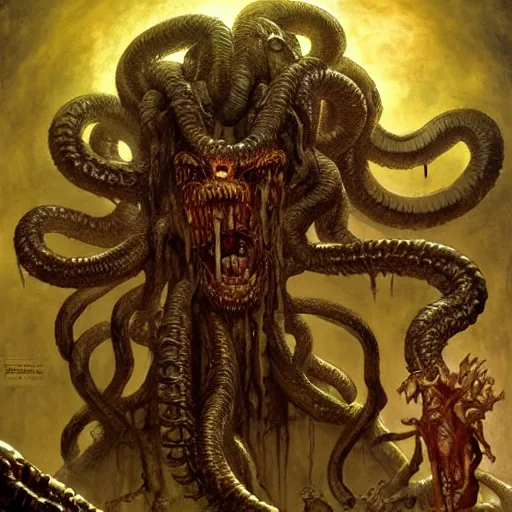 Image similar to encounter with medusa gorgon in a dungeon, d & d, fantasy, greg rutkowski, frank frazetta, alexandre chaudret, boris vallejo, michael whelan, miro petrov, hr giger, magali villeneuve, donato giancola