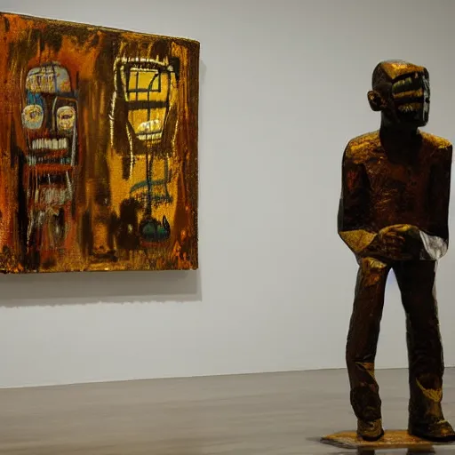 Prompt: an empty room full of bronze Jean-Michel Basquiat statues discussing their feelings