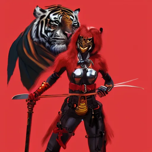 Prompt: a woman with tiger mask and a sword standing in front of a red background, concept art by evan jiang, senior character artist, artstation contest winner, vanitas, concept art, artstation hd, official art