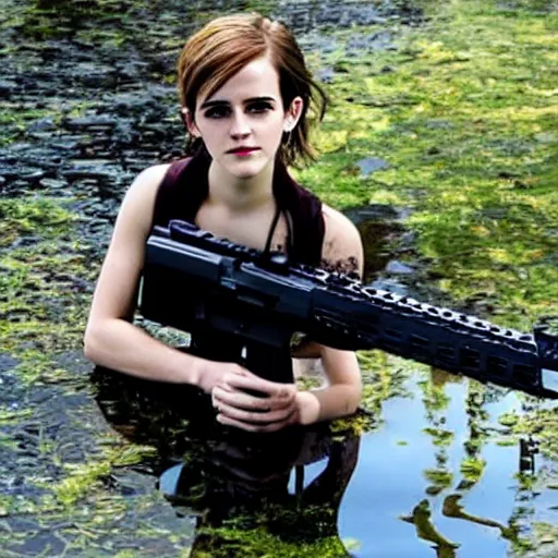 Prompt: emma watson rising out of swamp water with an ar 1 5