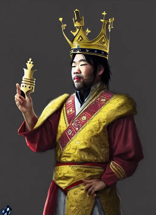 Image similar to gm hikaru nakamura dressed as a king, with a chess piece as a crown, artstation, extremely detailed artgerm, greg rutkowski