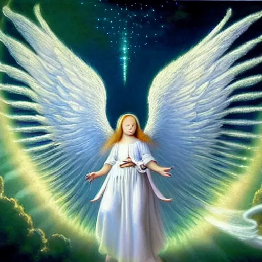 Image similar to highdetailed hyperrealistic painting of white angel!!! no gender!!!, giant ball of miracle light from the chest!!!!!, white sparkles everywhere, 4 k hd fur face!!!, big wings, by jan van eyck, holography space, glow effect, large strokes, white monochrome color!!!!!