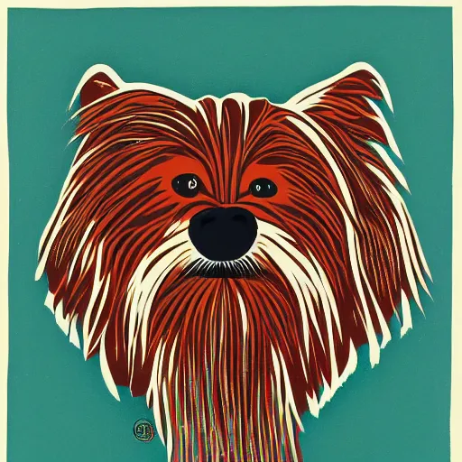 Prompt: tlingit haida lithographic, havanese dog, abstract, simple colors, lithograph print by nathan jackson and tristan - wolf reg davidson clifton guthrie maynard johnny jr.