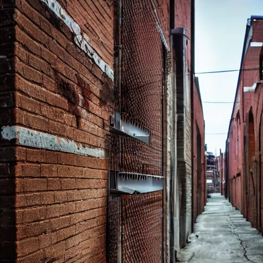 Prompt: Social realism. Alley. The loudspeaker is factory-made. Plastic polymer . Brick pipes of the plant. High definition image.