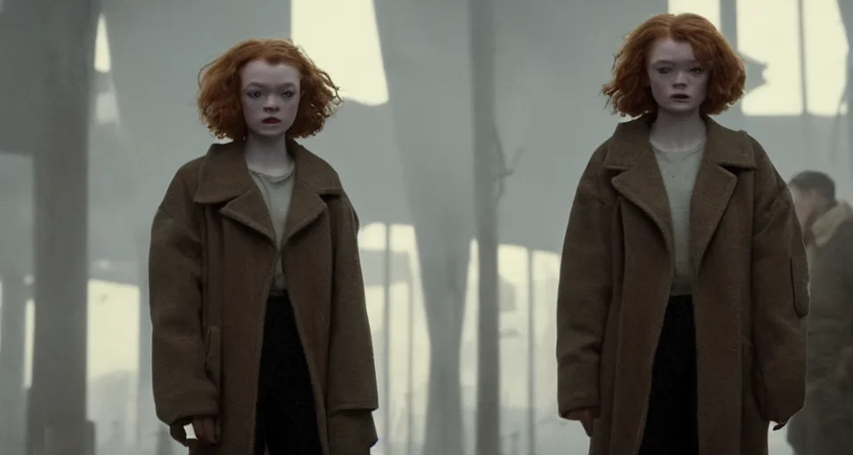 Image similar to sadie sink with very short hair in oversized man's coat : a still from a scifi dystopian cyberpunk film from 1 9 8 0 s. by steven spielberg, robert zemeckis, francis ford coppola, james cameron. 6 5 mm low grain film stock. sharp focus, realistic facial expression, perfect anatomy, global illumination, radiant light, detailed and intricate environment, trending on artstation