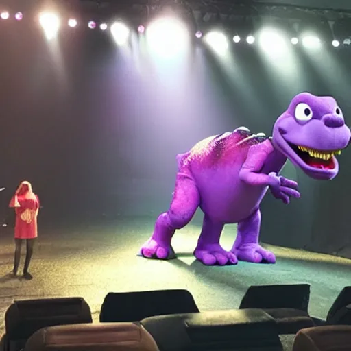 Prompt: Barney the Dinosaur from Barney and friends tv show leads a modern worship service, backlit, dramatic stage lighting, fog