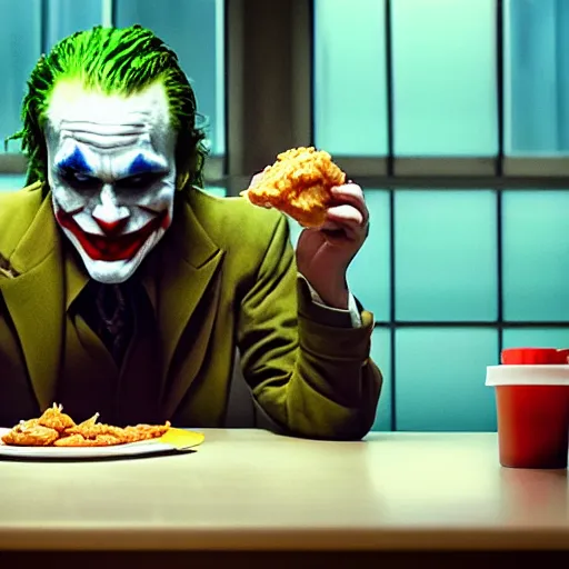 Image similar to cinematic shot of the joker sitting at a table in a popeyes restaurant and biting into a chicken tender, 8 k, very detailed, very intricate,