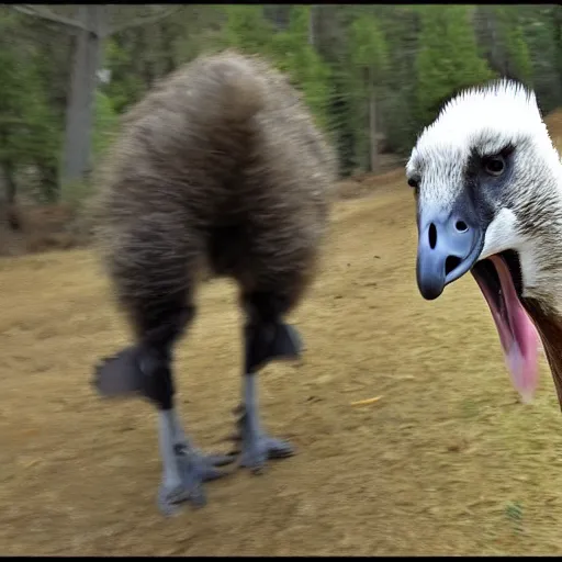 Image similar to high quality trail cam footage of a goose attacking a human. 8 k photography, depth of field, canon dslr