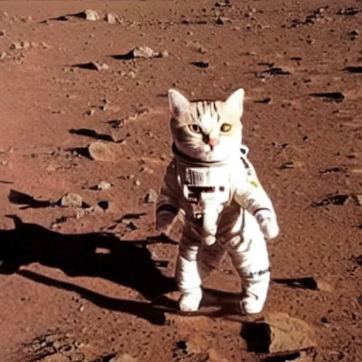 Image similar to cat wearing a spacesuit while walking on mars