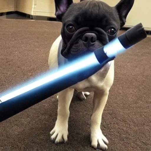 Image similar to black French Bulldog Jedi with lightsaber