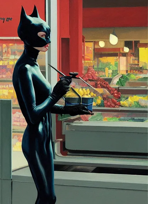 Image similar to catwoman in line at a grocery store painting by Edward Hopper and James Gilleard, Zdzislaw Beksinski highly detailed