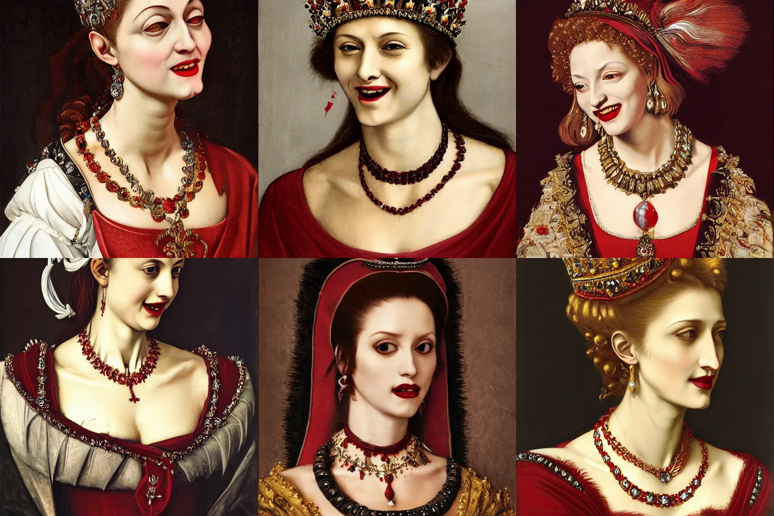 Image similar to A extremely highly detailed majestic hi-res beautiful head and shoulders painting of a beautiful bloody vampire woman with fangs wearing a long royal red silk dress, the crown jewels is on her head and around her neck is a ornate golden necklace decorated with diamonds and rupees and she is smiling wickedly by Michelangelo Merisi da Caravaggio, high detail, hyperrealistic, photorealistic, octante render, cinematic, high textures, royaltly, royal, hyper sharp, 4k insanely detailed and intricate, hypermaximalist, 8k, hyper realistic, super detailed, 4k HDR hyper realistic high,