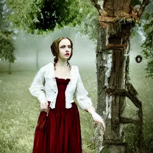 Prompt: a girl in a white cotton dress. a decaying georgian farmhouse. a tree bearing red apples. folk horror. gothic