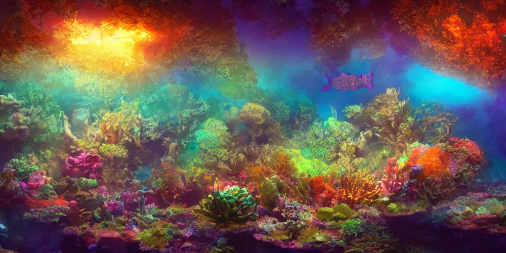 Image similar to mystical underwater shot of a sunken temple, colorful coral reef, filtered diffraction lighting, fish, fantasy digital art, trending on artstation