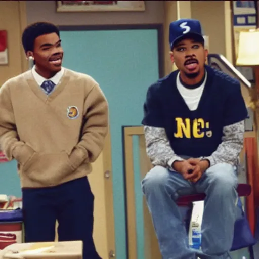 Image similar to a tv still of Chance The Rapper starring as a black college student at Jones College Prep in a 1993 sitcom