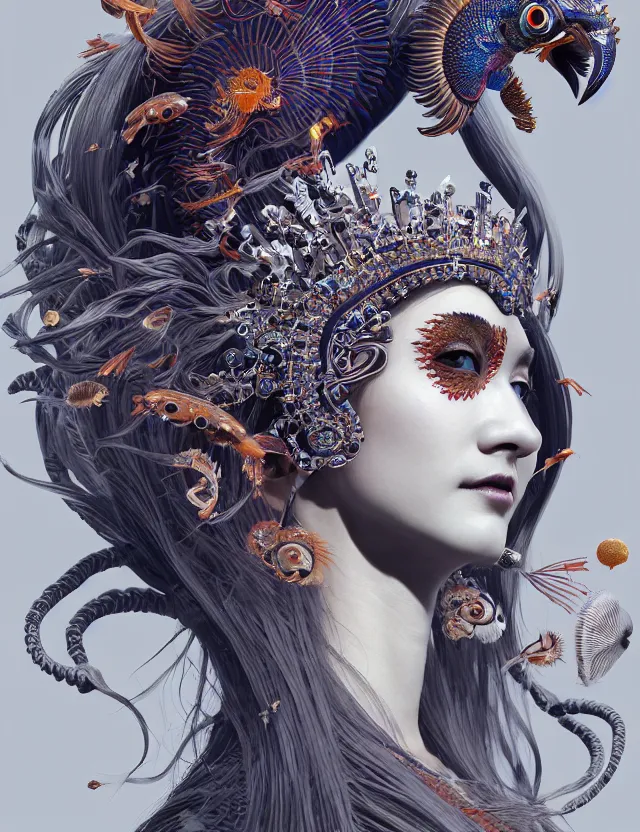 Image similar to 3 d goddess close - up profile portrait with crown, ram skull. beautiful intricately detailed japanese crow kitsune mask and clasical japanese kimono. betta fish, jellyfish phoenix, bio luminescent, plasma, ice, water, wind, creature, artwork by tooth wu and wlop and beeple and greg rutkowski