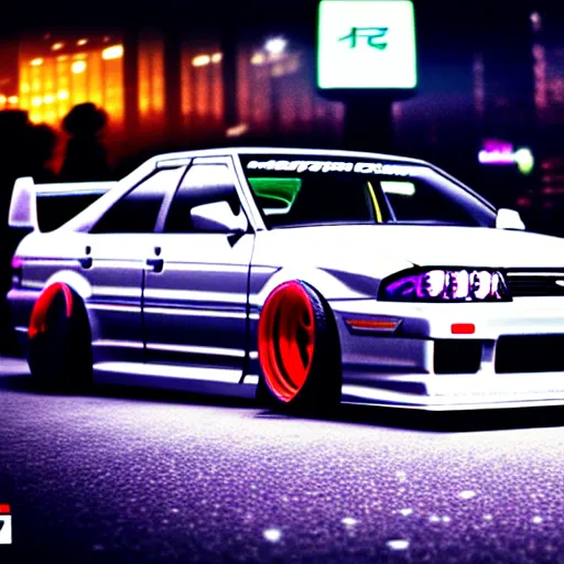 Image similar to a car JZX100 twin turbo drift at illegal car meet, Shibuya prefecture, city midnight mist lights, cinematic lighting, photorealistic, highly detailed wheels, high detail