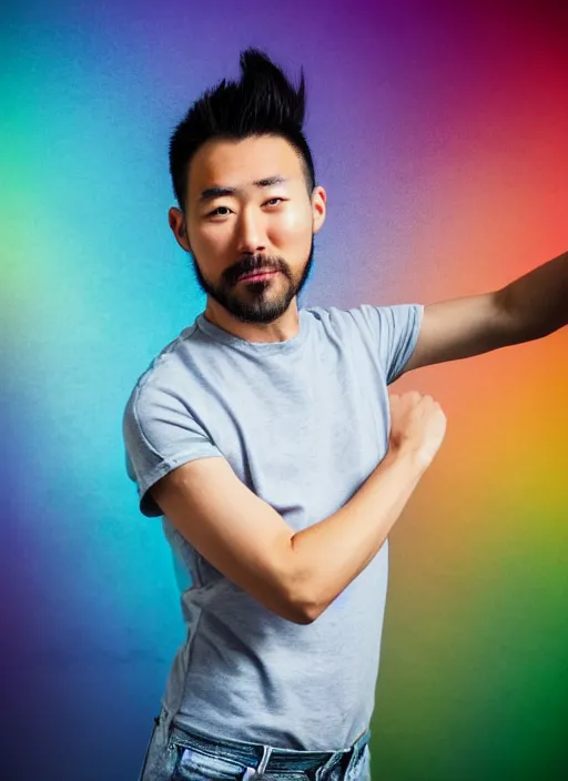 Prompt: japanese man with short hair and a beard wearing short denim and leather clothes dancing next to a rainbow, full body portrait, dynamic lighting