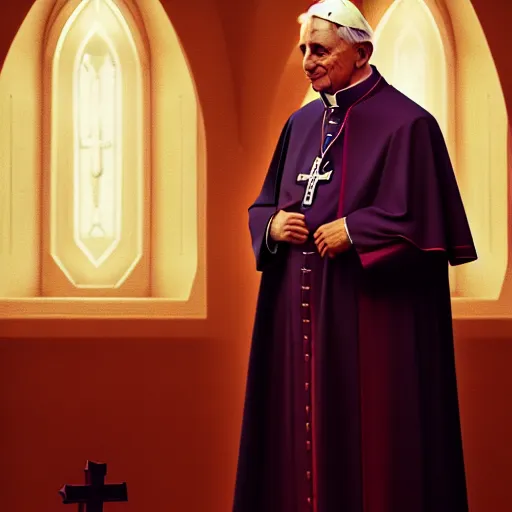 Prompt: pope benedict xvi standing in a curch, digital painting, greg rutkowski, artstation, cinematic, matte painting