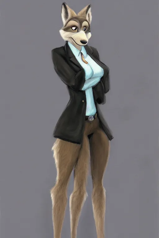 Image similar to oil painting of anthromorphic female wolf, in style of zootopia, female fursona, furry, furaffinity, 4 k, deviantart, furry art, fursona art, wearing black business suit, business suit, wolf fursona, female, smug expression,