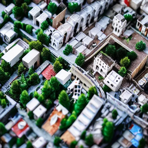 Image similar to macro photo of a miniature secret hidden world with tiny buildings and people covered in milk