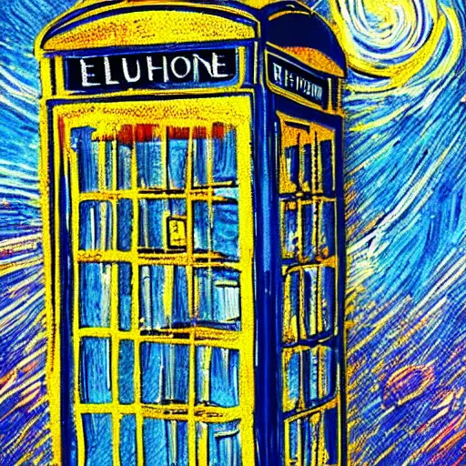 Prompt: a blue english phone booth exploding in space, impressionism, in the style of van gogh