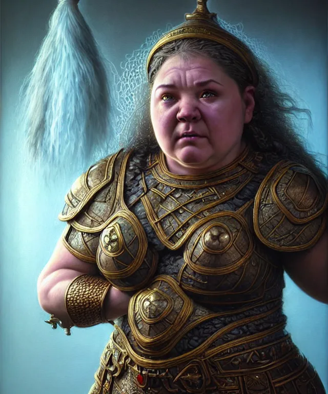 Image similar to hyperrealistic mixed media painting of a female dwarven cleric, chubby short stature, d&d, stunning 3d render inspired art by P. Craig Russell and Barry Windsor-Smith + perfect facial symmetry + dim volumetric lighting, 8k octane beautifully detailed render, post-processing, extremely hyperdetailed, intricate, epic composition, grim yet sparkling atmosphere, cinematic lighting + masterpiece, trending on artstation, very very detailed, masterpiece, stunning