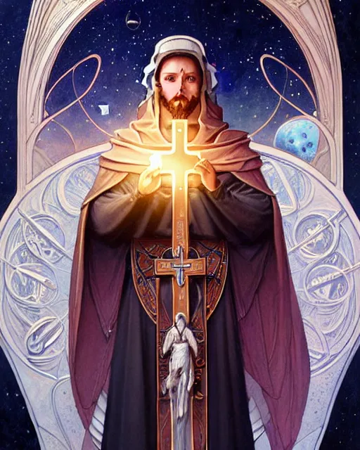 Image similar to Holy medieval astronaut portrait holding a cross, art nouveau, fantasy, intricate galactic designs, elegant, highly detailed, sharp focus, art by Artgerm and Greg Rutkowski and WLOP