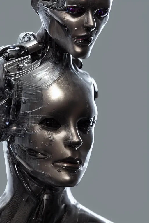 Image similar to humanoid creature with a chrome body made from gray jelly, cyberpunk, realistic, high definition, many details, symmetrical face, realistic eyes, unreal engine art 5