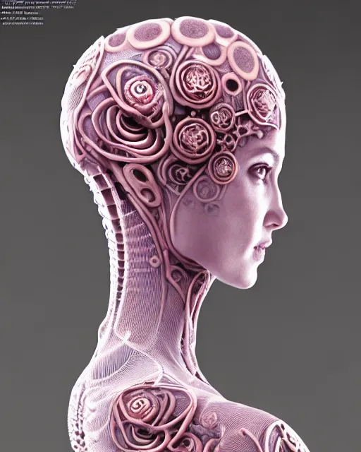 Image similar to mythical dreamy organic bio - mechanical spinal ribbed profile face portrait detail of translucent steampunk beautiful intricated monochrome angelic - human - queen - vegetal - cyborg, highly detailed, intricate translucent pale pink ivy jelly ornate, poetic, translucent roses ornate, 3 d render, digital art, octane render, 8 k artistic photography