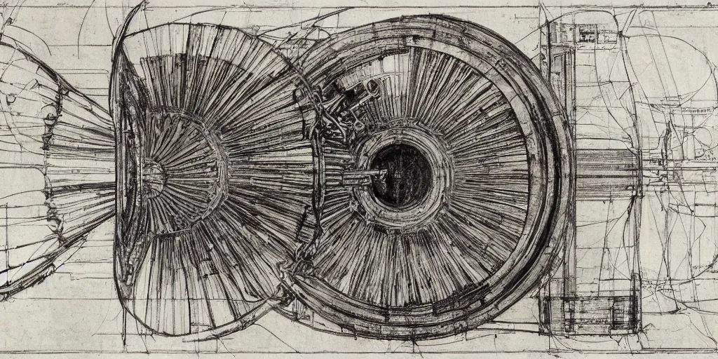 Image similar to leonardo da vinci color intricate full page scan blueprint of an environmental turbine machine, on paper, sketch ink style, :: ultra-detailed technical precision :: mixed media with white and silver lines, realistic composition, point of interest at golden ratio, light from right, more darkness on the bottom, monumentally art composition, high quality of sketching with subtle hairlines, highly detailed rounded forms, inside out and outside in, octane render